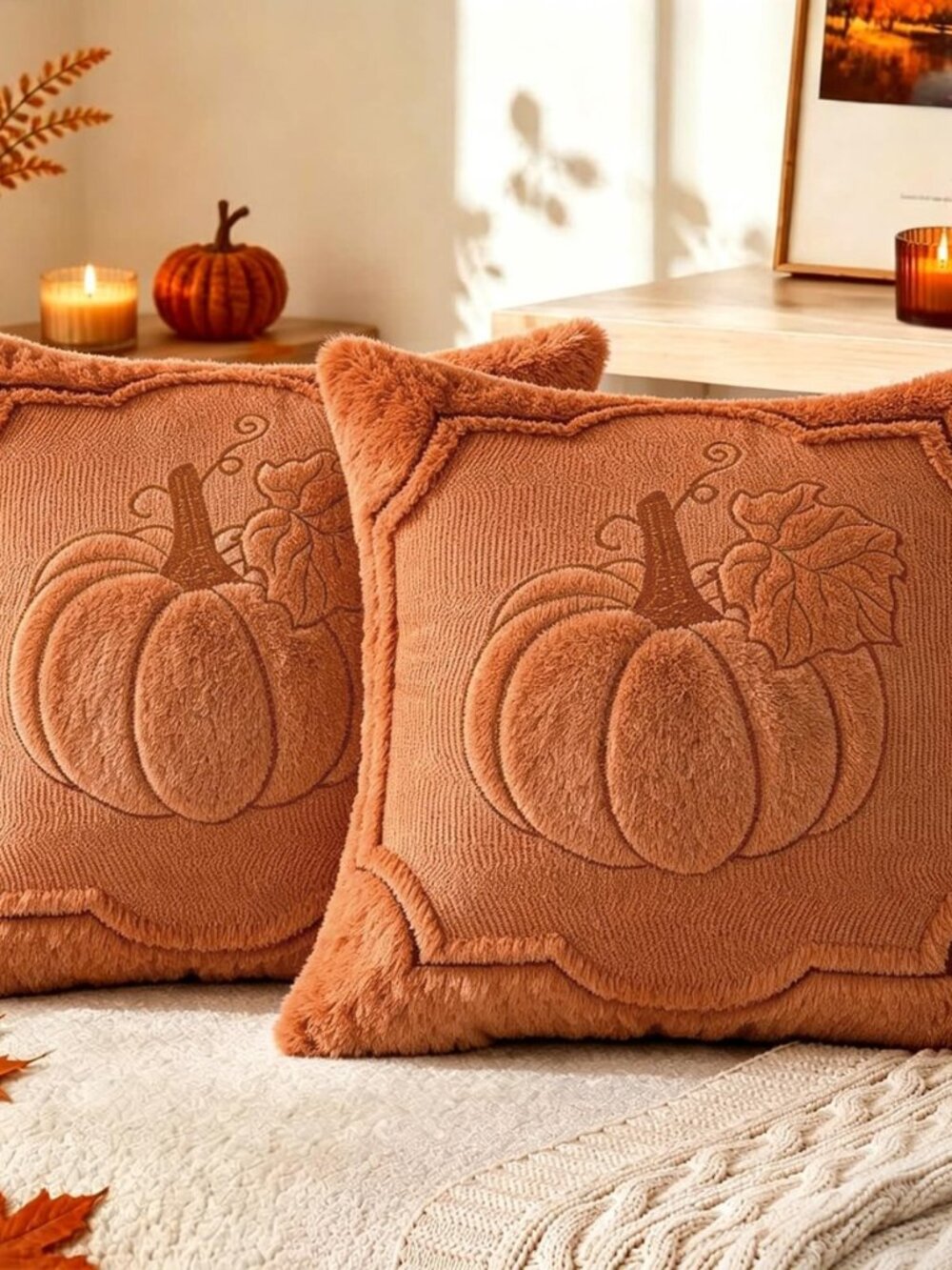 Fall Throw Pillow Covers 18x18 Set of 2, Burnt Orange Pumpkin Pillow Cover